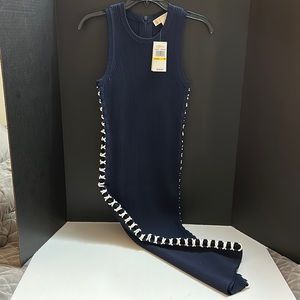 Michael Kors Navy Bodycon Knit Dress w/ White Cross-stitch Seams